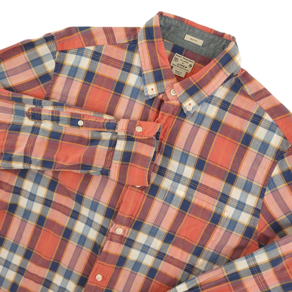 J.Crew Indian Madras Shirt Mens M Orange Plaid Long Sleeve Button Down Slim Fit